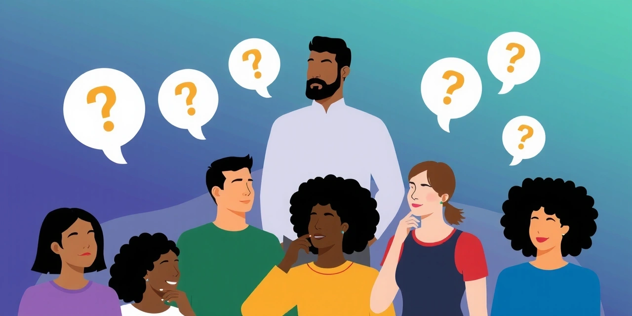 Modern image with question marks and people asking questions